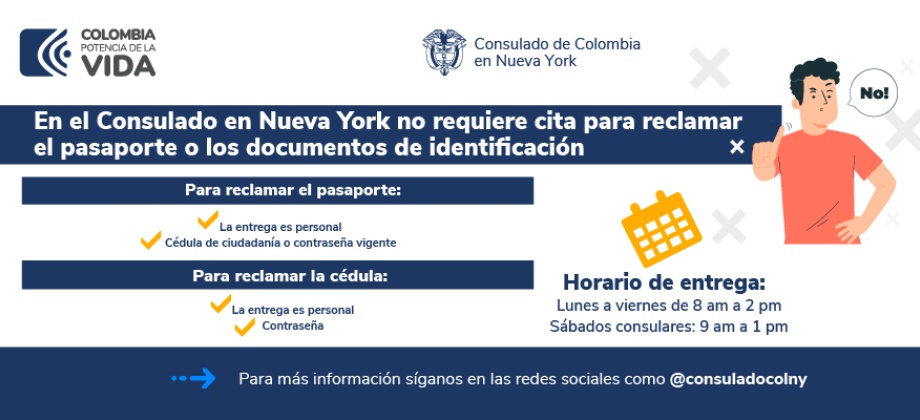 En el Consulado de Colombia en Nueva York no se requiere cita para reclamar el pasaporte o los documentos de identificación