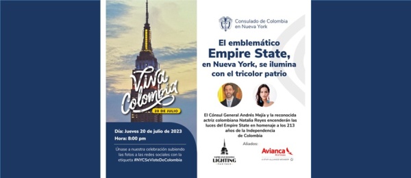 Cónsul General Andrés Mejía y la reconocida actriz colombiana Natalia Reyes encenderán con los colores patrios el emblemático Empire State, en Nueva York