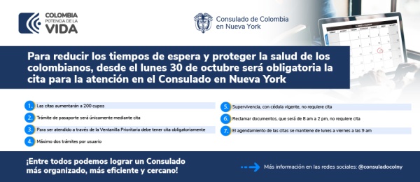 La cita para la atención en el Consulado de Colombia en Nueva York es obligatoria desde el 30 de octubre de 2023