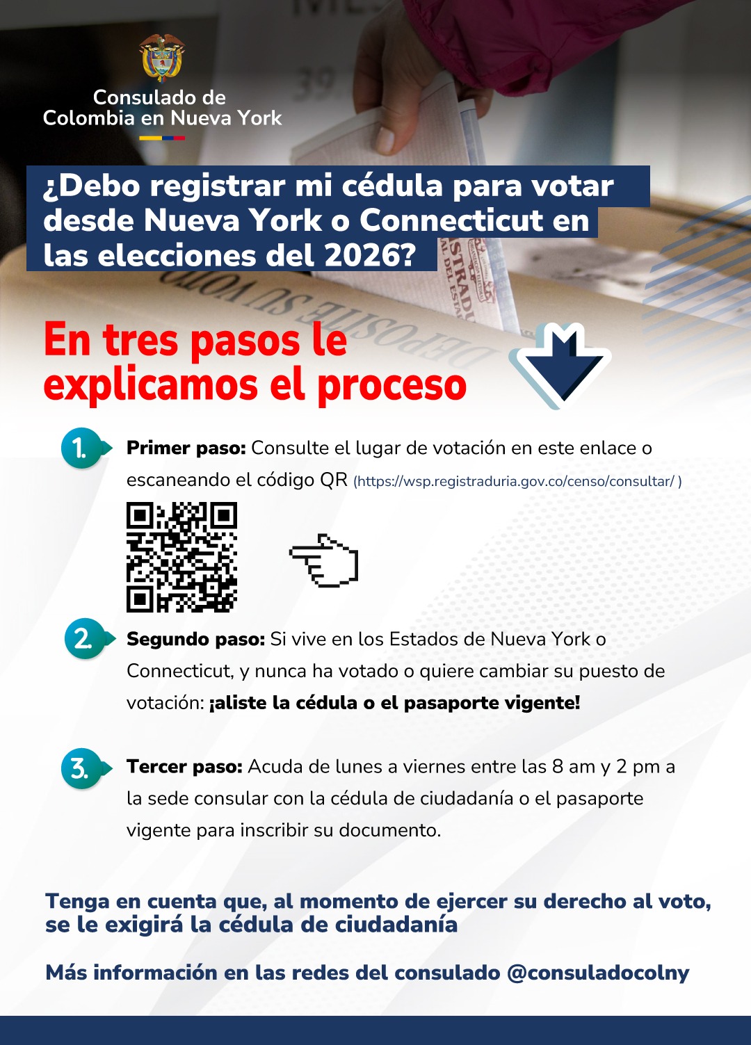 Consulado de Colombia en Nueva York invita a los colombianos a registrar su cédula para las elecciones de 2026