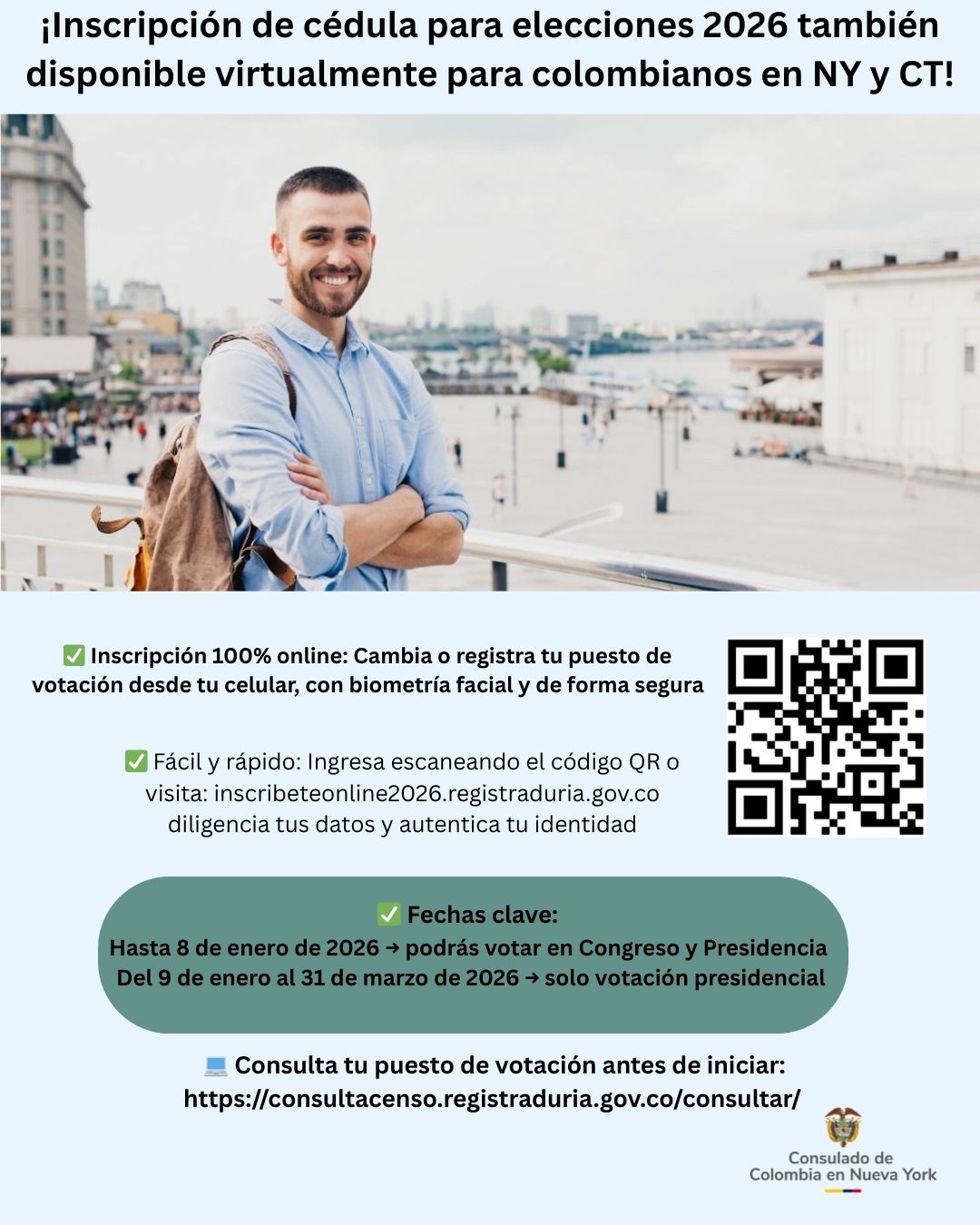 ¡Inscripción de cédula para elección 2026 también disponible virtualmente para colombianos en NY y CT!