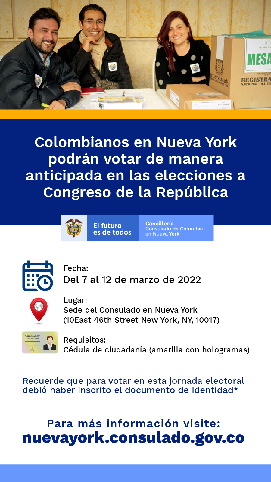 Colombianos en Nueva York podrán votas de manera anticipada en las elecciones a Congreso de la República