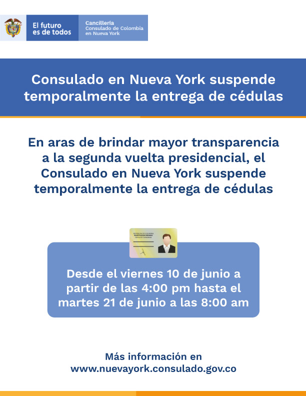 Consulado de Colombia en Nueva York suspende temporalmente la entrega de cédulas