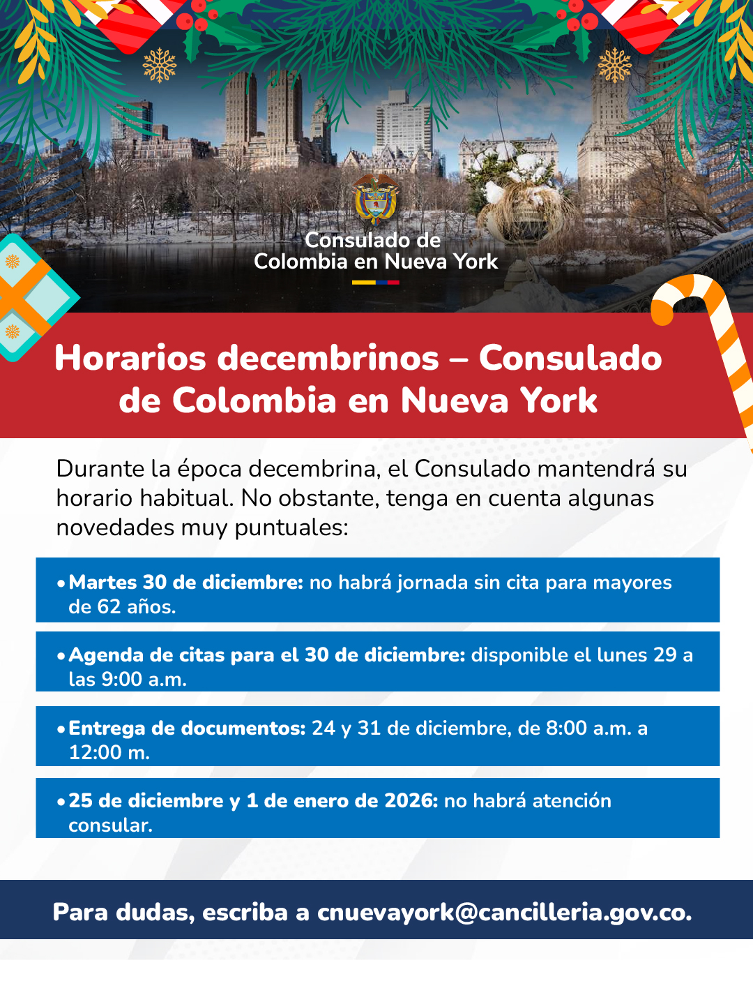 Estas son las novedades en el horario de atención en el Consulado en Nueva York durante las festividades de diciembre de 2025