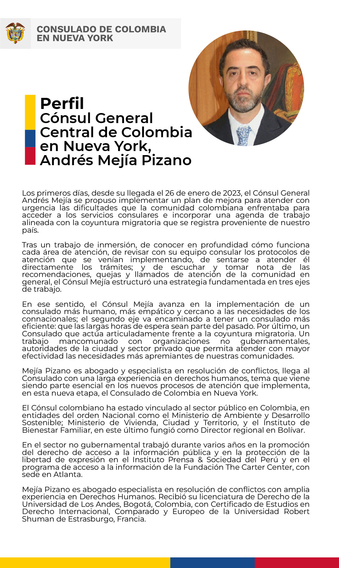 Cónsul de Colombia en Nueva York, Andrés Mejía Pizano