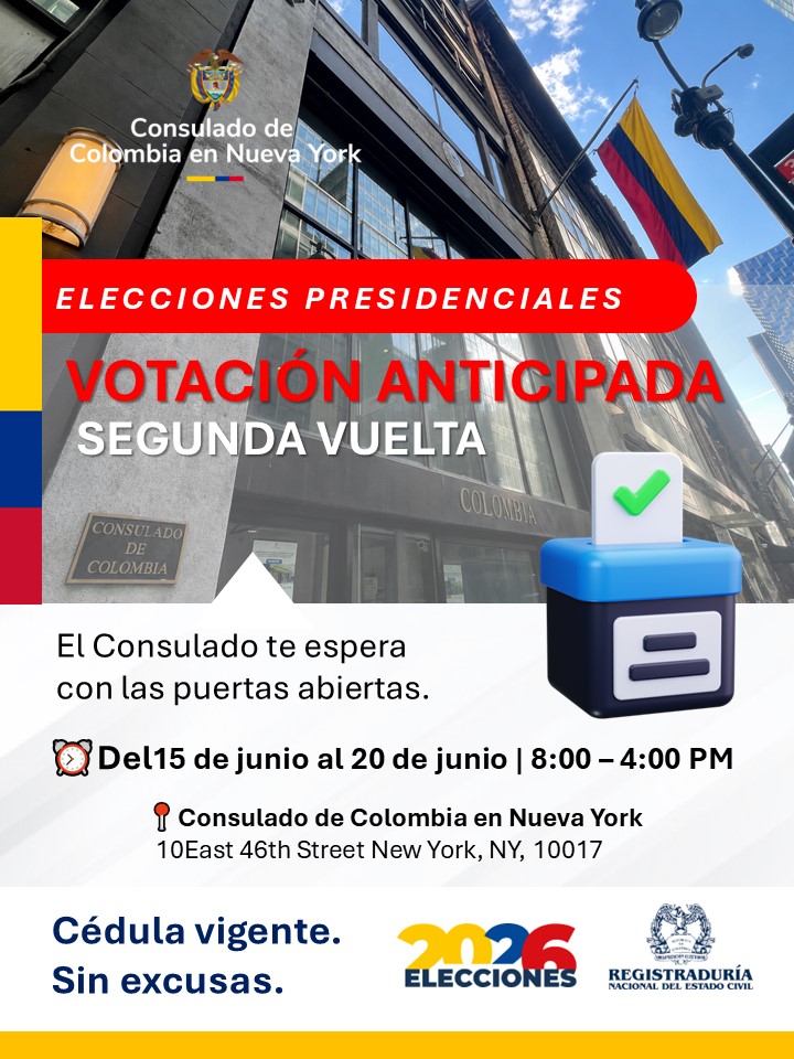 Este lunes 15 de junio inicia el voto anticipado para la segunda vuelta presidencial en el Consulado de Colombia en Nueva York