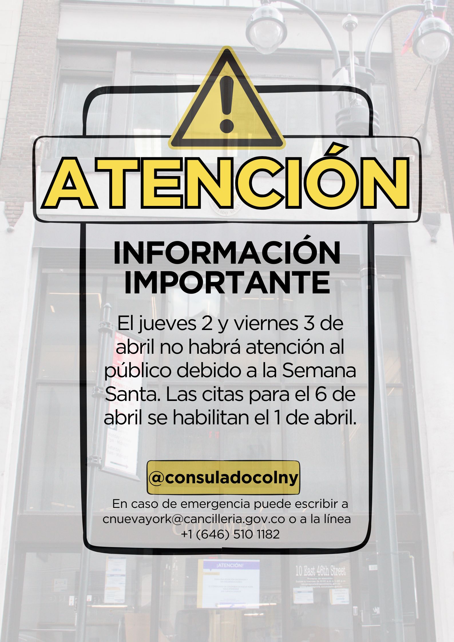 Consulado de Colombia en Nueva York no tendrá atención al público los días 2 y 3 de abril por Semana Santa