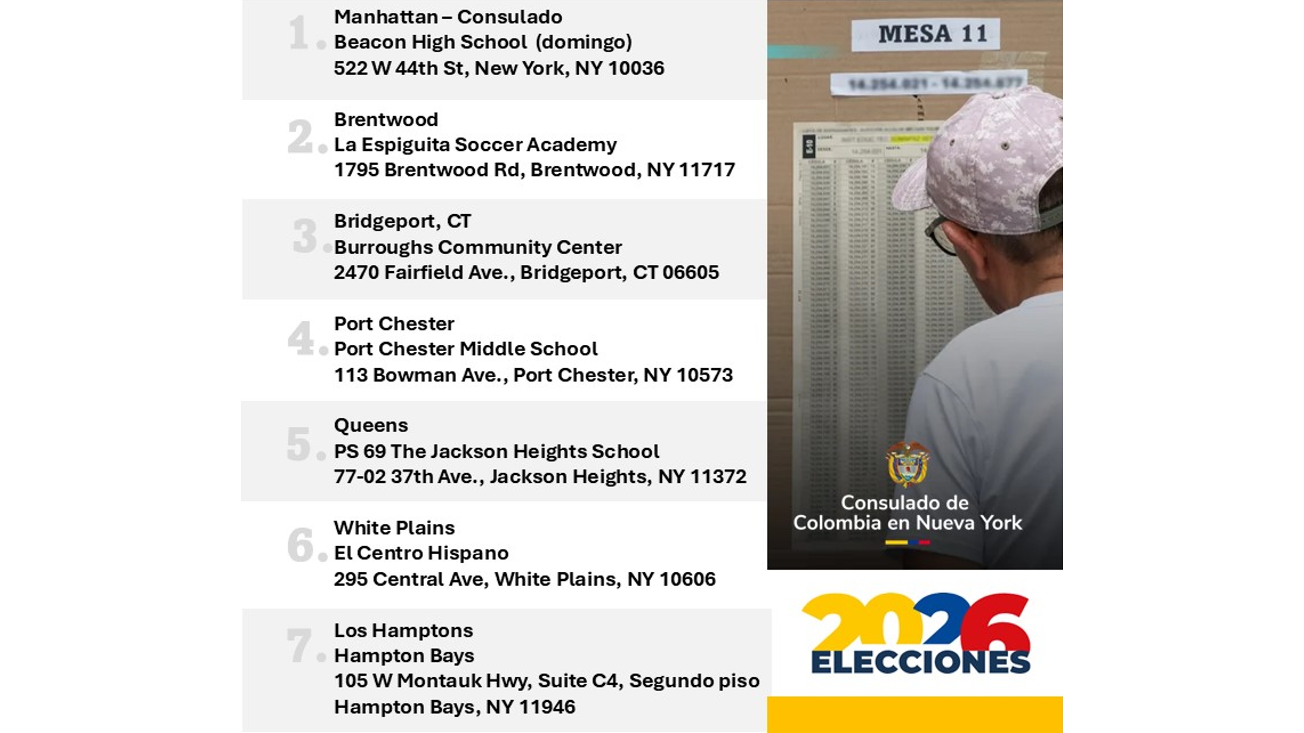 Estos son los 7 puestos de votación que el consulado en Nueva York habilita el domingo 31 de mayo de 2026