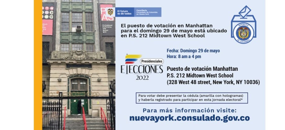 En Manhattan, el puesto de votación para el domingo 29 de mayo es en P.S. 212 Midtown West School (328 West 48 st, New York, NY 10036)  