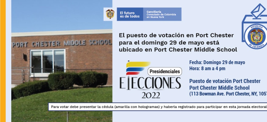 En Port Chester, el puesto de votación está ubicado en Port Cheste Middle School / Zona de cafetería (113 Bowman Ave., Port Chester, NY 10573) 