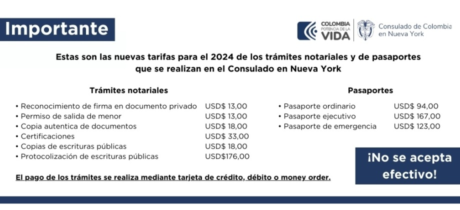 Nuevas Tarifas para pasaportes y trámites notariales en el Consulado en Nueva York. Los pagos se hacen a través de tarjeta de crédito, débito o Money