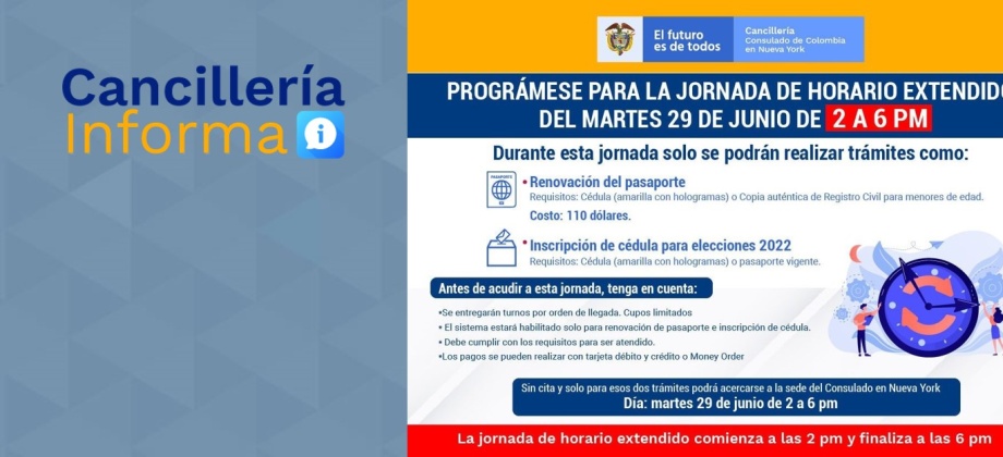 ¿Necesita tramitar el pasaporte o inscribir la cédula para las elecciones del 2022? Prográmese para la jornada de horario extendido del martes 29 de junio de 2021 entre 2:00 y 6:00 pm 