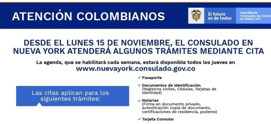 Aviso donde se informa que el Consulado de Colombia en Nueva York atenderá algunos trámites mediante cita