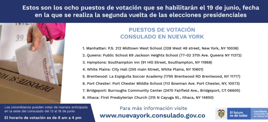 Conozca los ocho puestos de votación que el Consulado en Nueva York habilitará el domingo 19 de junio, con ocasión de la segunda vuelta presidencial