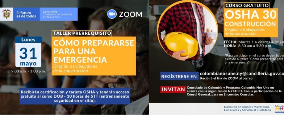 OSHA 30 horas de la Construcción y cómo prepararse para una emergencia, dos talleres a los que pueden acceder sin costo alguno la comunidad colombiana en Nueva York 