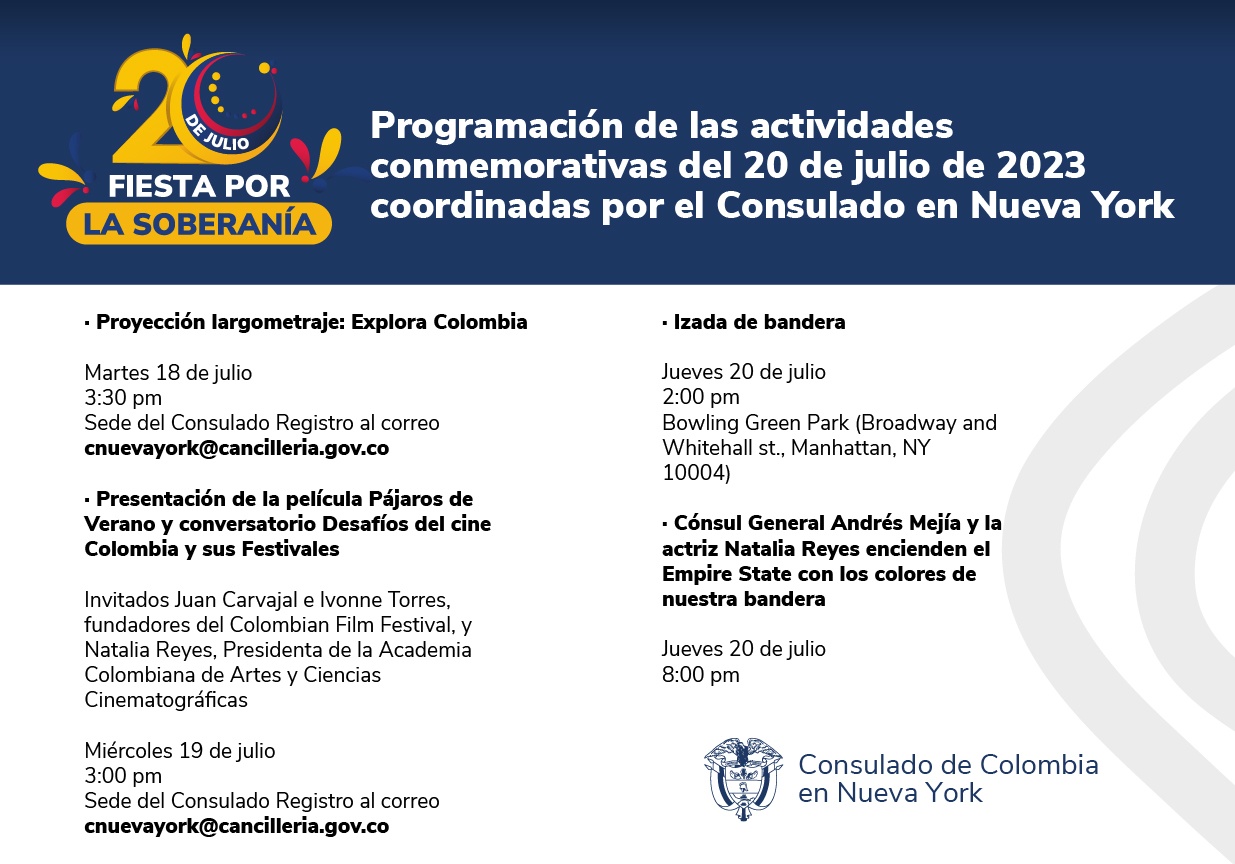 Consulado en Nueva York ha preparado una serie de actividades para honrar la Fiesta Nacional de Colombia