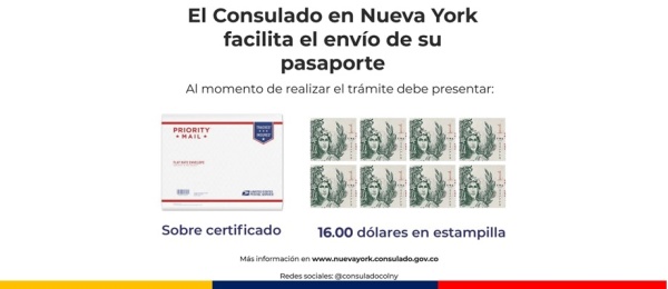 El Consulado facilita el envío de su pasaporte. Debe presentar: Sobre certificado y 16 dólares en estampillas