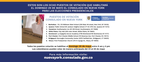 Consulado de Colombia en Nueva York publica los ocho puestos de votación para la jornada electoral del 29 de mayo