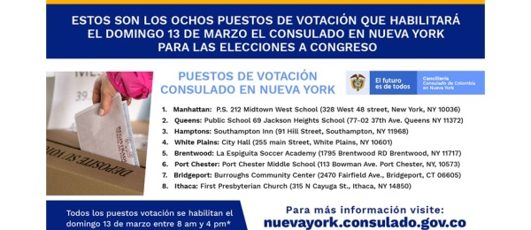 Colombianos en Nueva York y Connecticut podrán votar en las elecciones al Congreso de manera anticipada. Urnas en el Consulado se abren a las 8 am del lunes 7 de marzo 