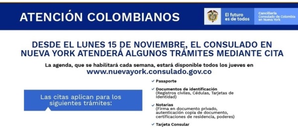 Aviso donde se informa que el Consulado de Colombia en Nueva York atenderá algunos trámites mediante cita