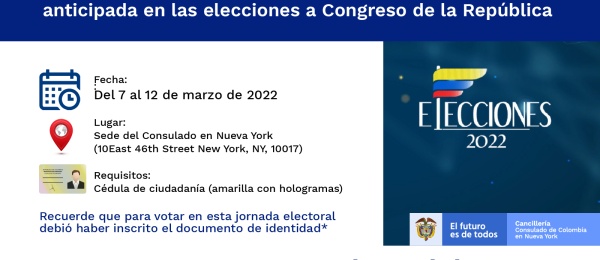 Colombianos en Nueva York podrán votar de manera anticipada en las elecciones a Congreso de la República