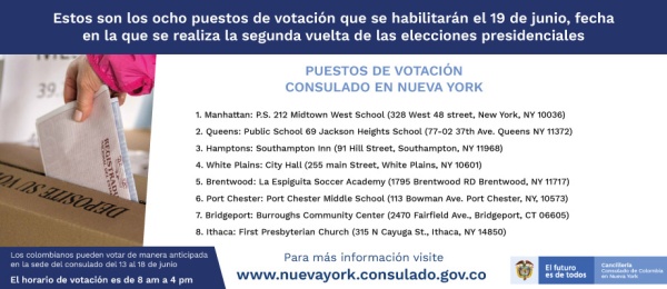 Conozca los ocho puestos de votación que el Consulado en Nueva York habilitará el domingo 19 de junio, con ocasión de la segunda vuelta presidencial