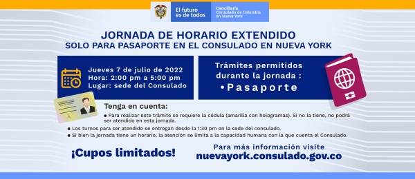 Este jueves 7 de julio de 2022, el Consulado en Nueva York tiene horario extendido solo para realizar pasaportes. Para hacer este trámite debe presentar la cédula
