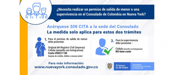 ¿Necesita realizar un permiso de salida de menor o una supervivencia en el Consulado de Colombia en Nueva York? 