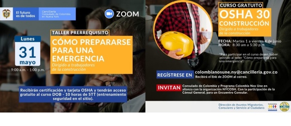 OSHA 30 horas de la Construcción y cómo prepararse para una emergencia, dos talleres a los que pueden acceder sin costo alguno la comunidad colombiana en Nueva York 