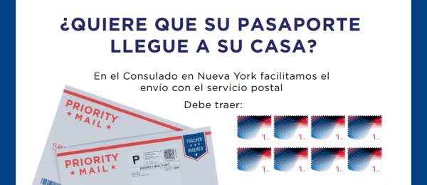 Consulado en Nueva York facilita el envío del pasaporte a su lugar de residencia: al solicitarlo debe presentar sobre certificado y estampillas por un valor de 11.65 dólares
