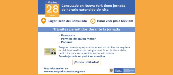 El Consulado en Nueva York tiene jornada de horario extendido este martes